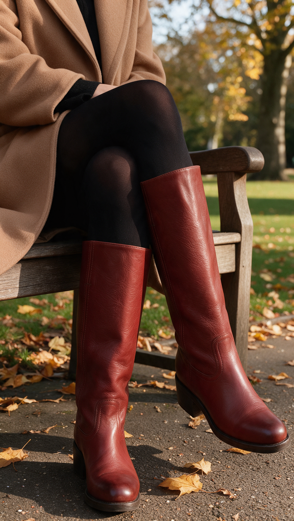 Burgundy mid-calf boots on an autumn bench