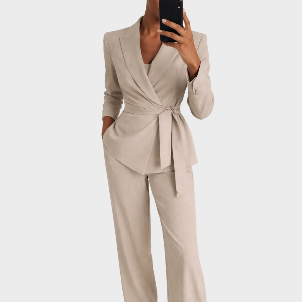 Cordelia Tie-Waist Trouser Suit - Beige