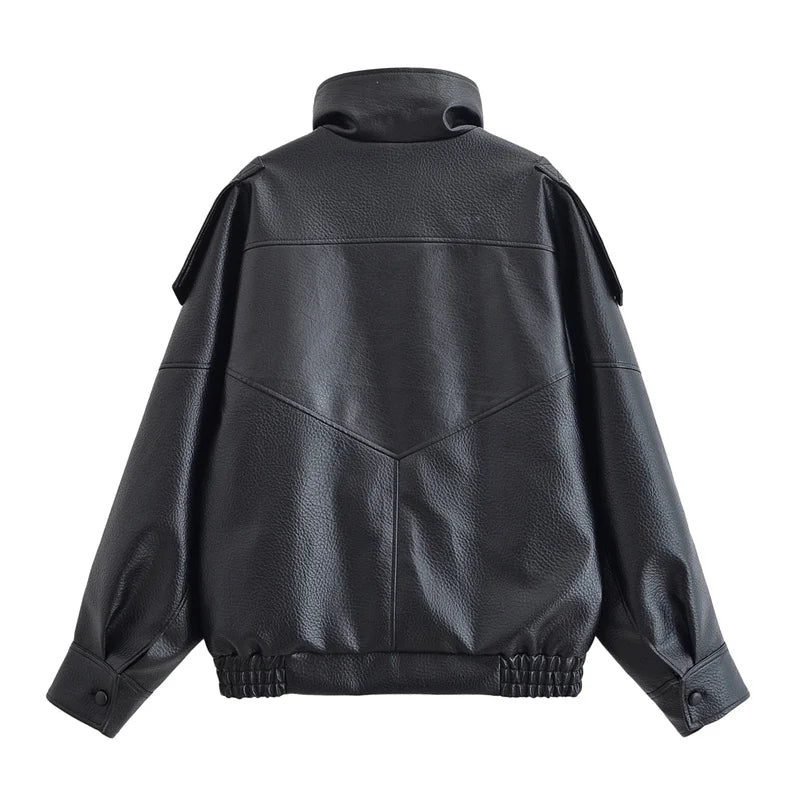 Elodie High Neck Faux Leather Jacket in Black