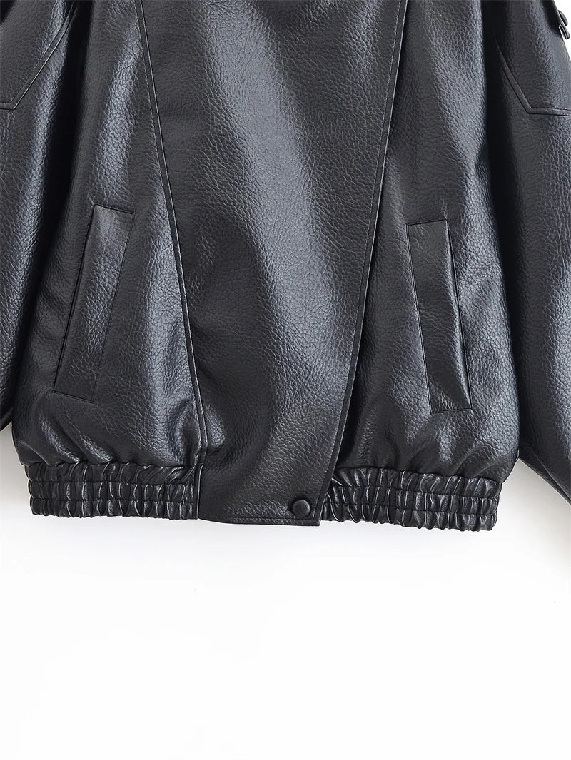 Elodie High Neck Faux Leather Jacket in Black