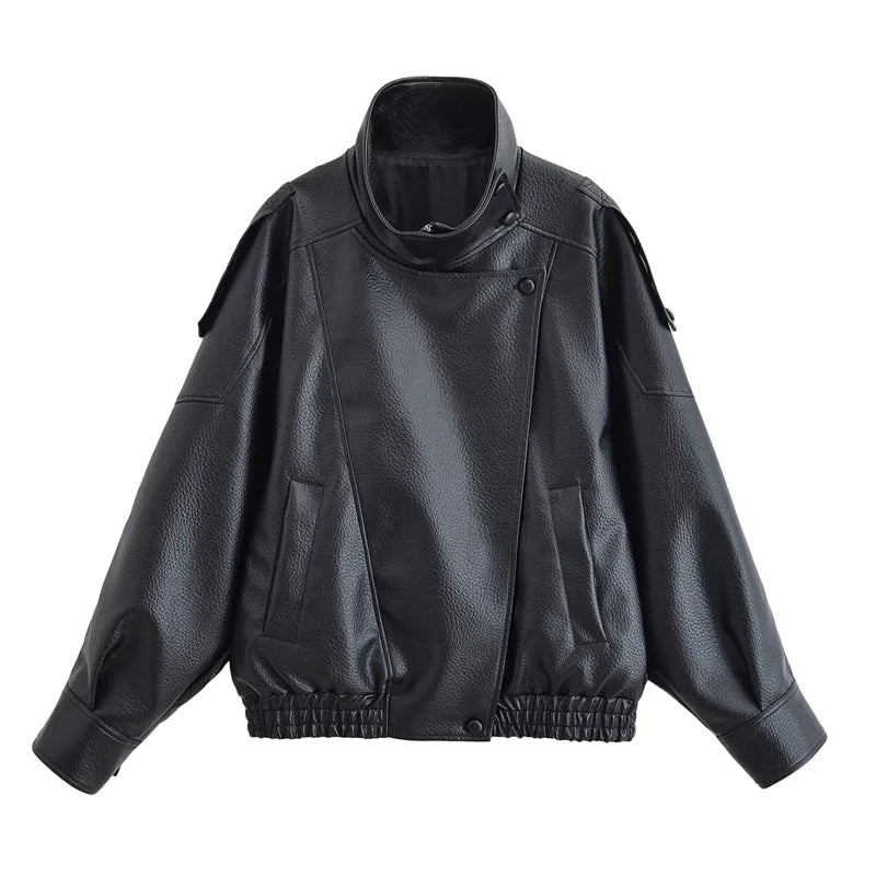 Elodie High Neck Faux Leather Jacket in Black