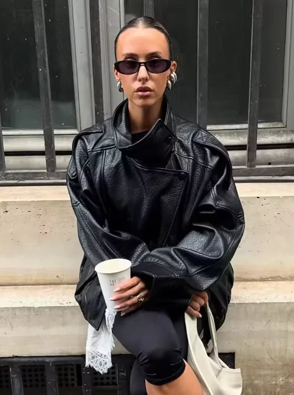 Elodie High Neck Faux Leather Jacket in Black