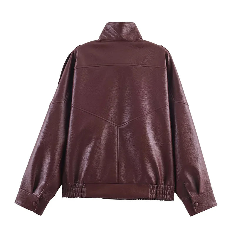 Elodie High Neck Faux Leather Jacket in Burgundy
