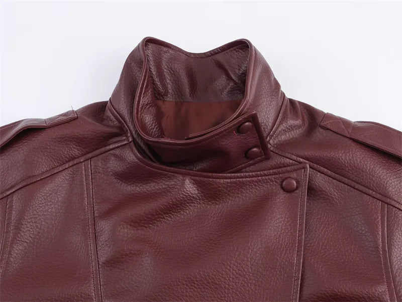 Elodie High Neck Faux Leather Jacket in Burgundy
