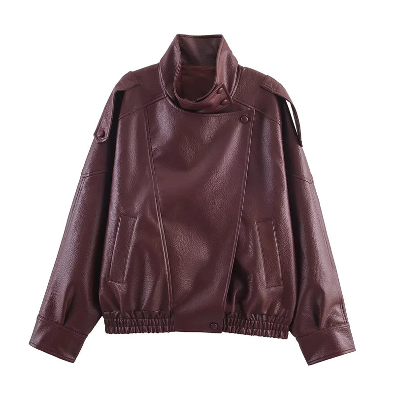 Elodie High Neck Faux Leather Jacket in Burgundy