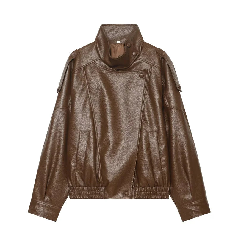 Elodie High Neck Faux Leather Jacket in Caramel