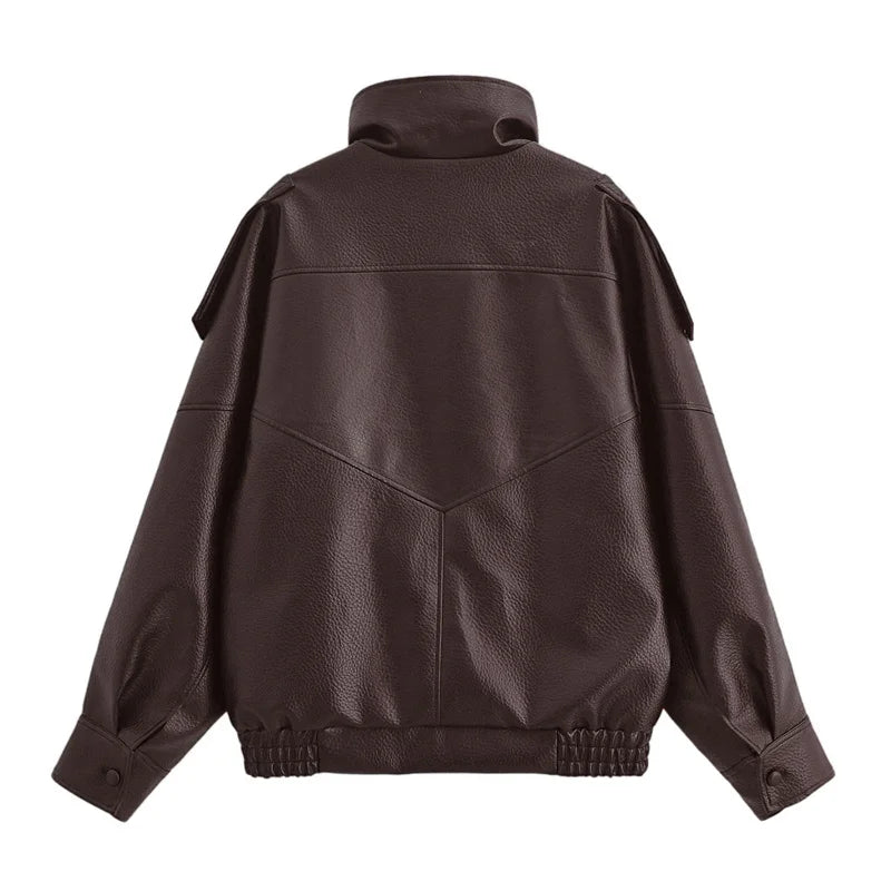 Elodie High Neck Faux Leather Jacket in Chocolate