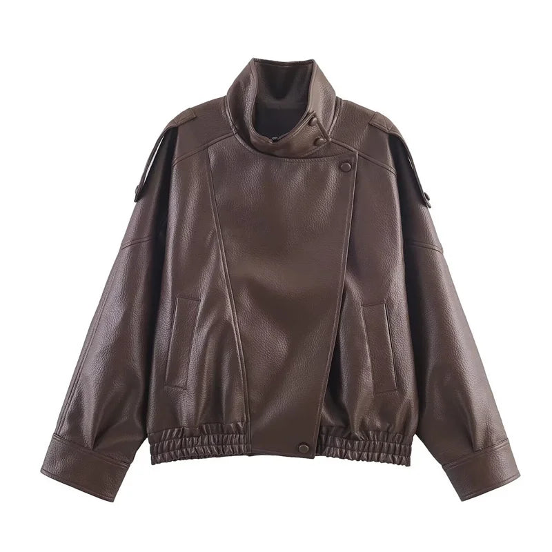 Elodie High Neck Faux Leather Jacket in Chocolate