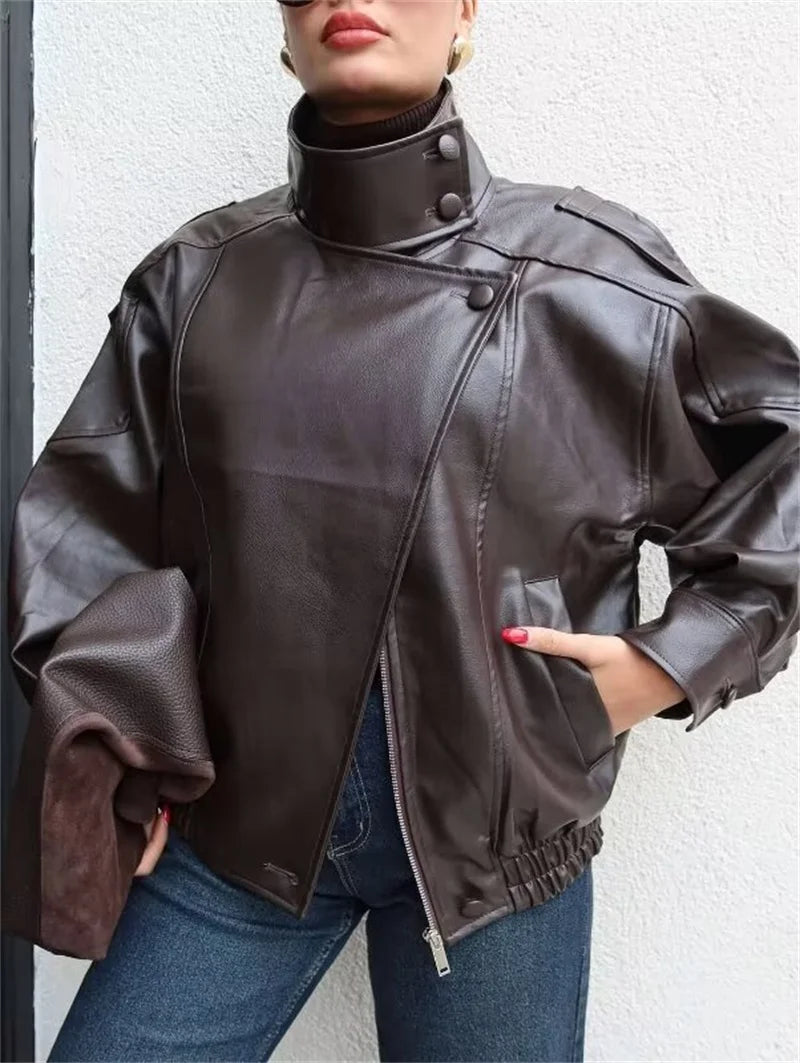 Elodie High Neck Faux Leather Jacket in Chocolate