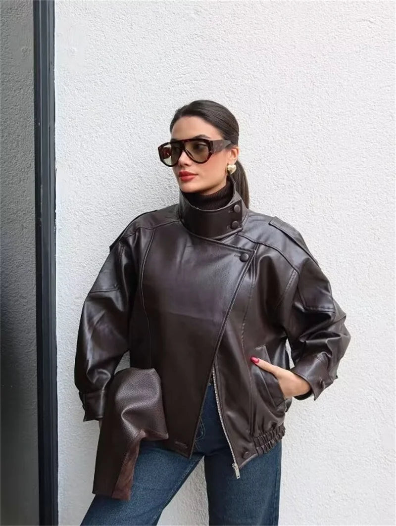 Elodie High Neck Faux Leather Jacket in Chocolate