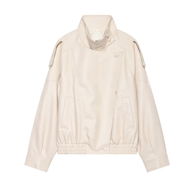 Elodie High Neck Faux Leather Jacket in Stone