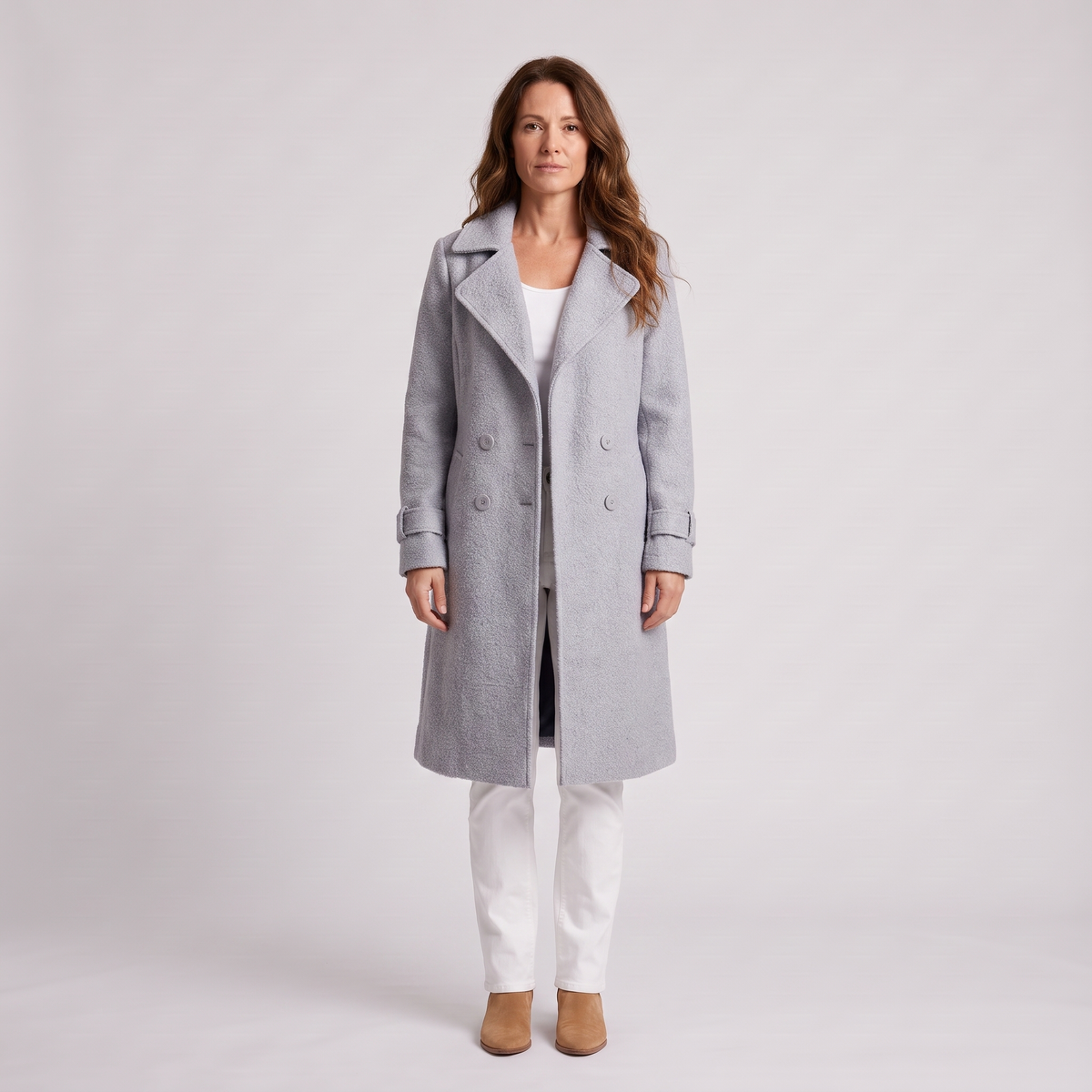 Eva Double Breasted Coat in Gray on model