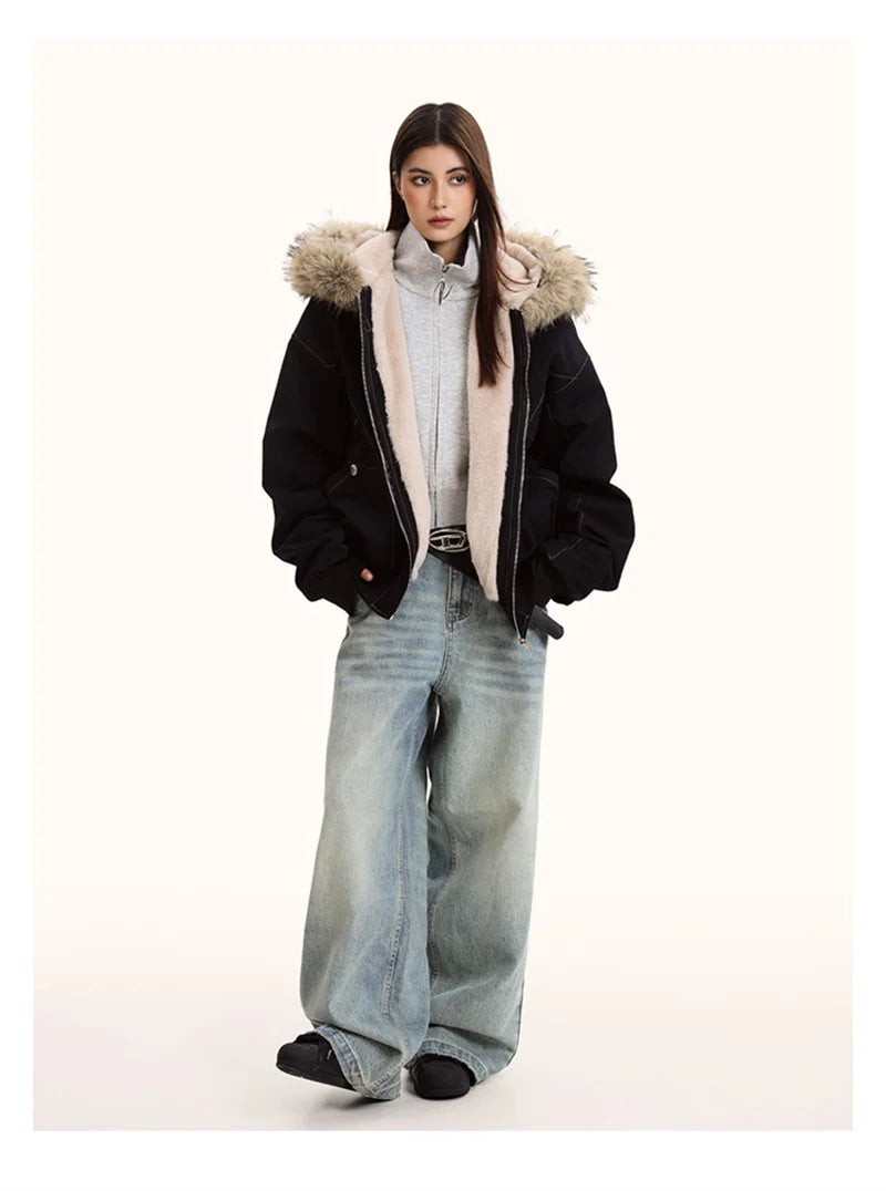 Hallie Faux Fur Hood Sherpa Lined Jacket in Black