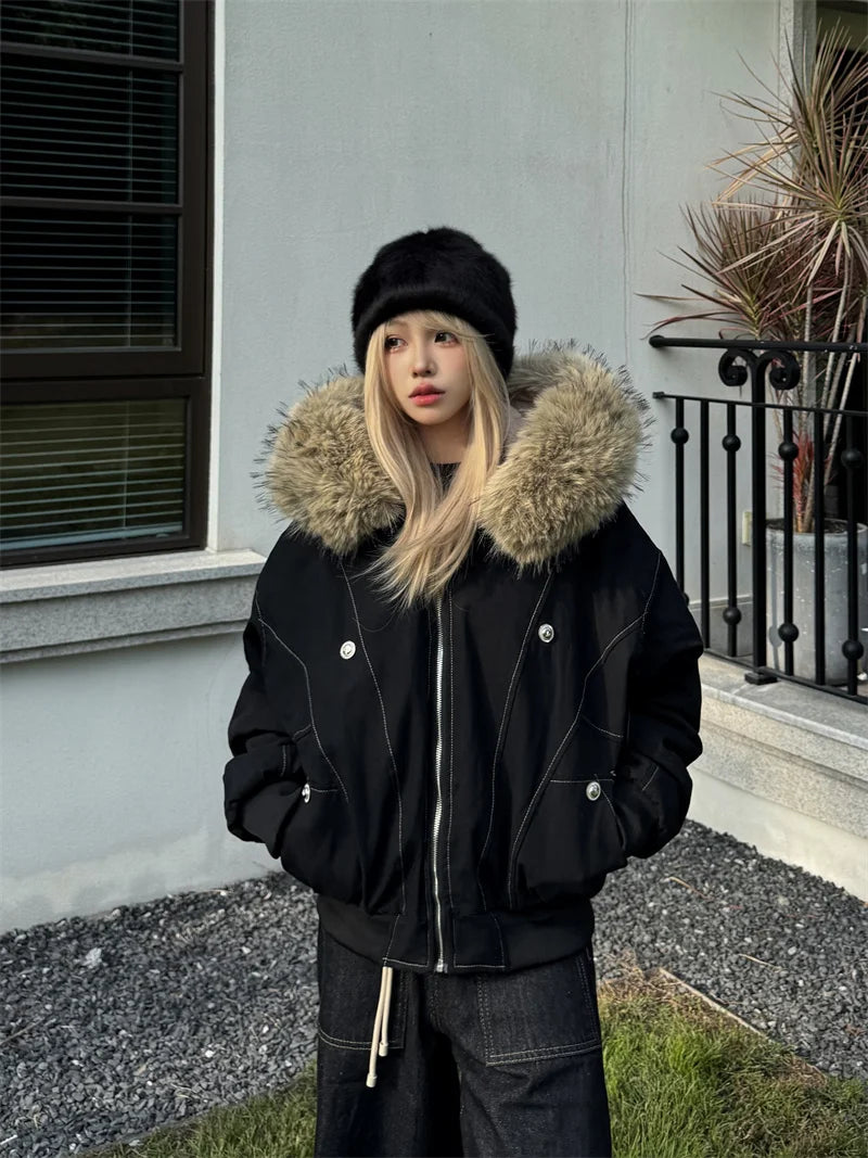 Hallie Faux Fur Hood Sherpa Lined Jacket in Black