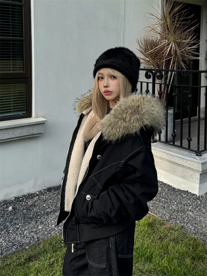 Hallie Faux Fur Hood Sherpa Lined Jacket in Black