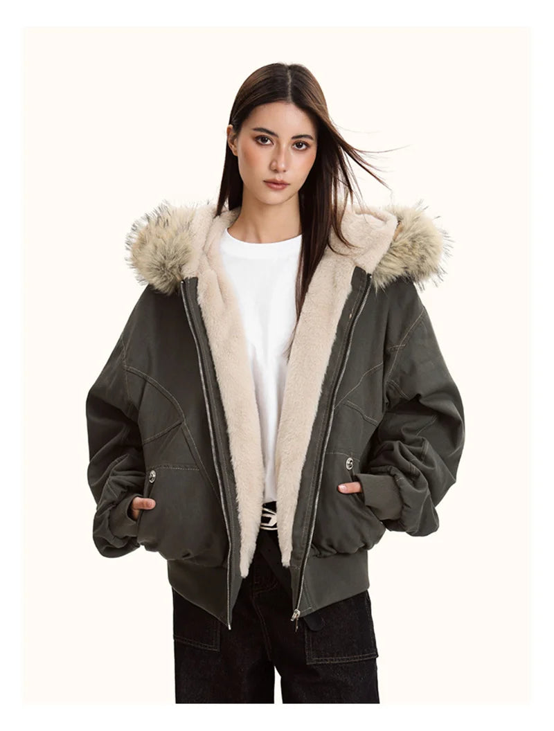 Hallie Faux Fur Hood Sherpa Lined Jacket in Grey
