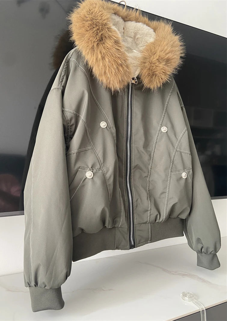 Hallie Faux Fur Hood Sherpa Lined Jacket in Grey