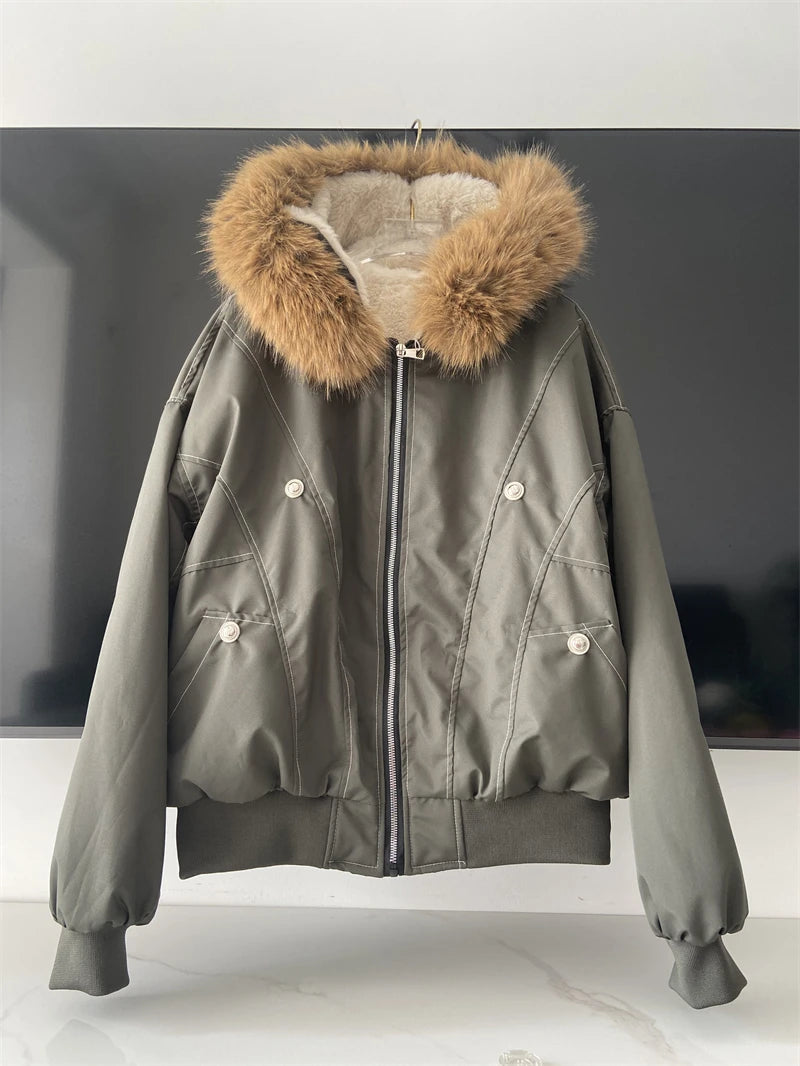 Hallie Faux Fur Hood Sherpa Lined Jacket in Grey
