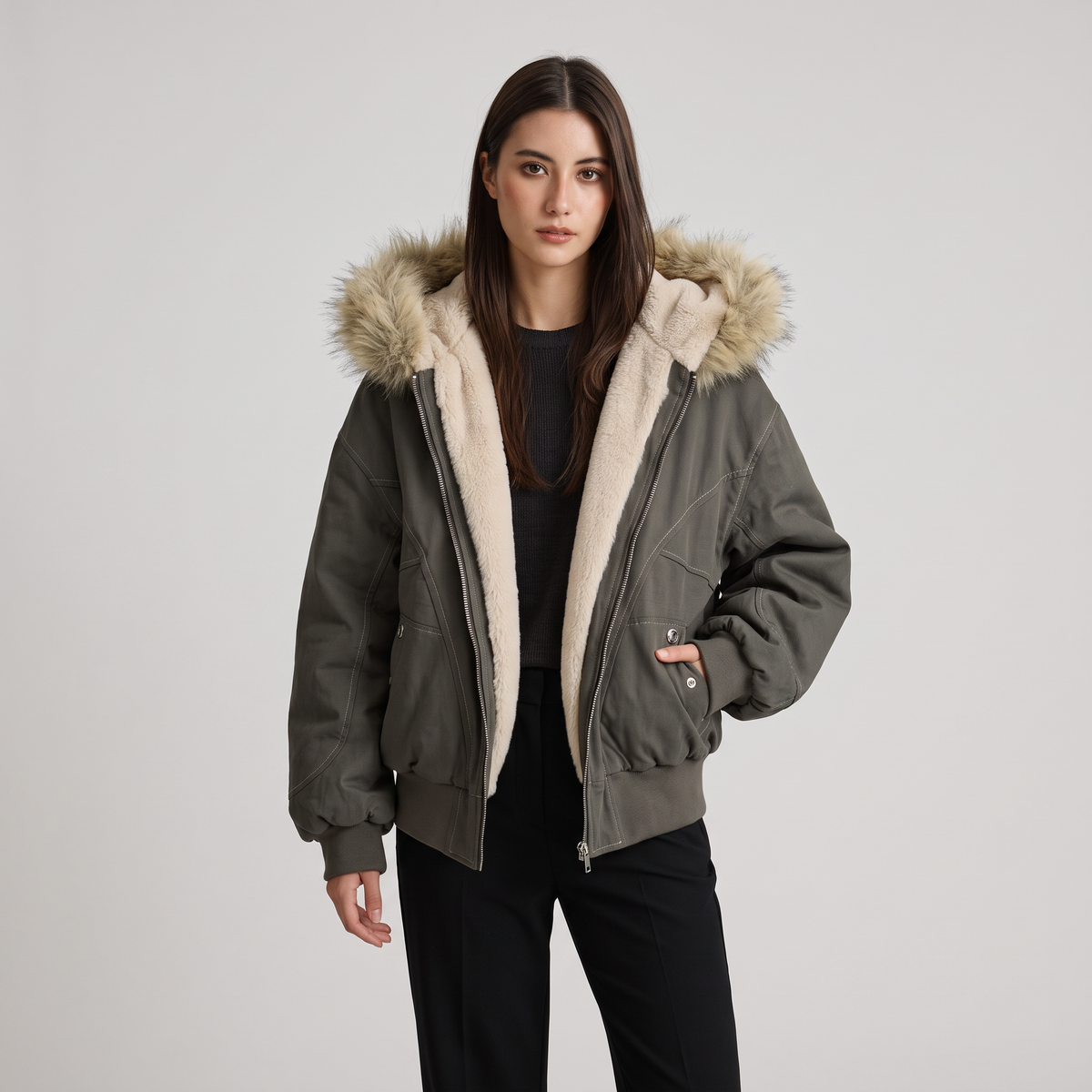 Hallie Faux Fur Hood Sherpa Lined Jacket in Grey