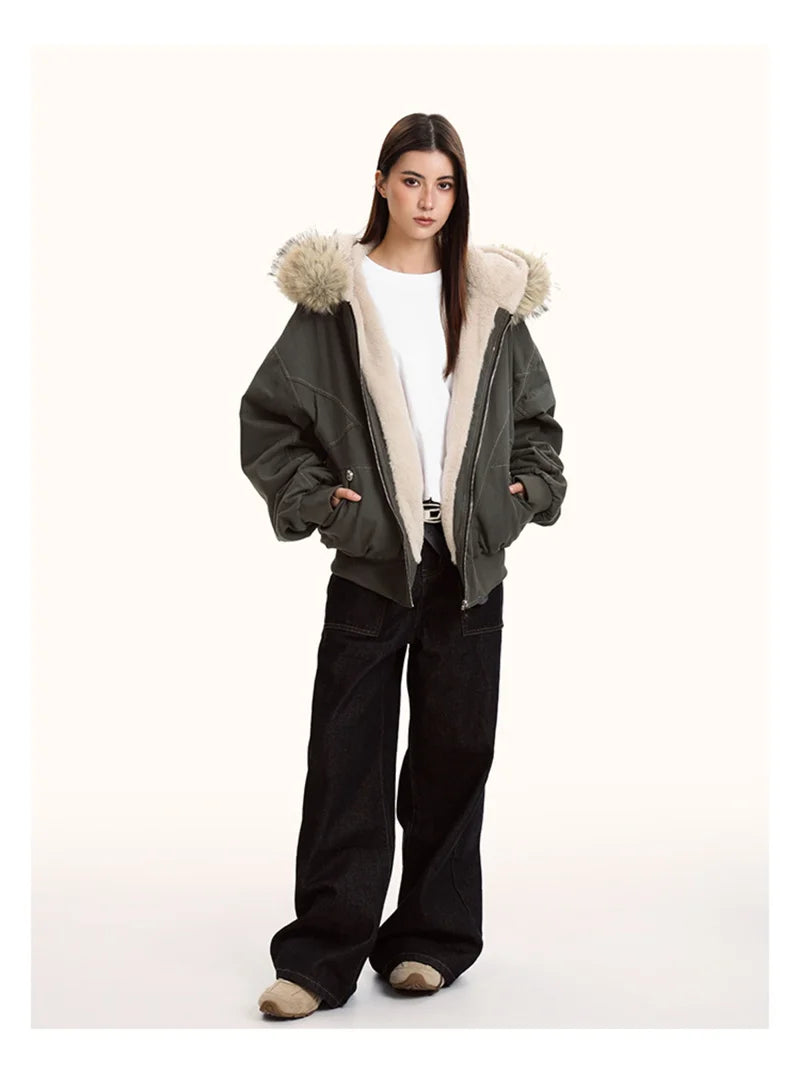 Hallie Faux Fur Hood Sherpa Lined Jacket in Grey