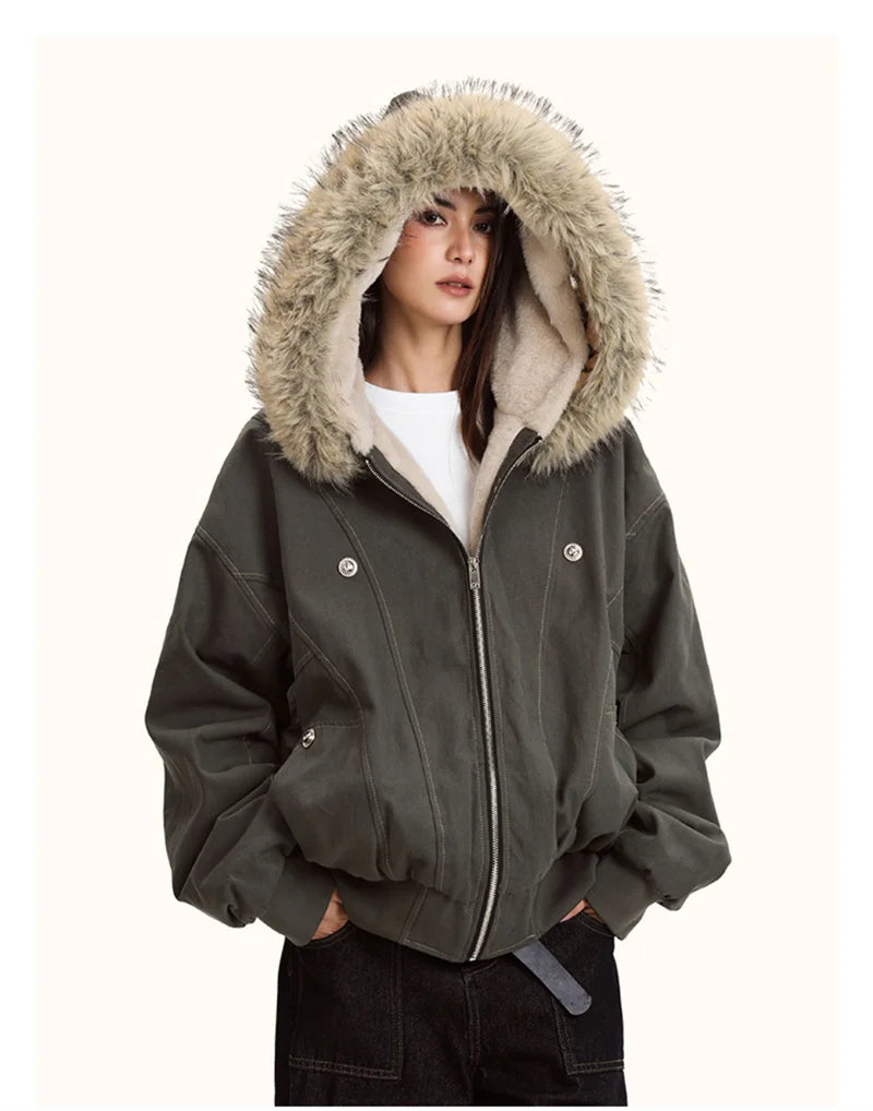 Hallie Faux Fur Hood Sherpa Lined Jacket in Grey
