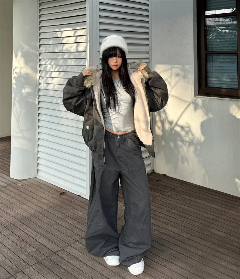 Hallie Faux Fur Hood Sherpa Lined Jacket in Grey