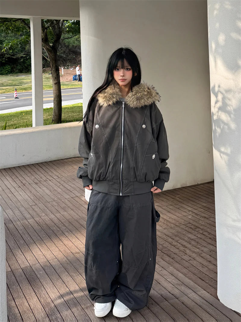 Hallie Faux Fur Hood Sherpa Lined Jacket in Grey