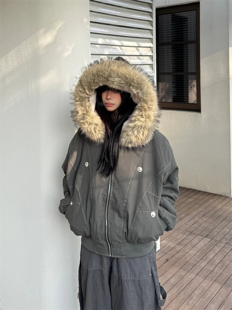 Hallie Faux Fur Hood Sherpa Lined Jacket in Grey