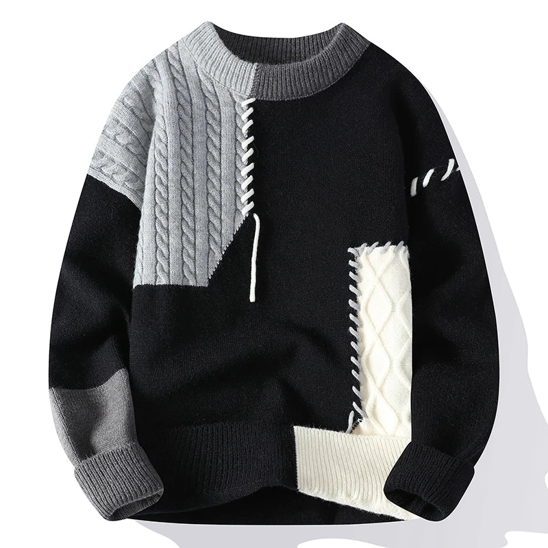Hollis Patchwork Cable Knit Jumper in Charcoal Patchwork