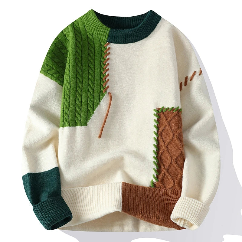 Hollis Patchwork Cable Knit Jumper in Green Patchwork
