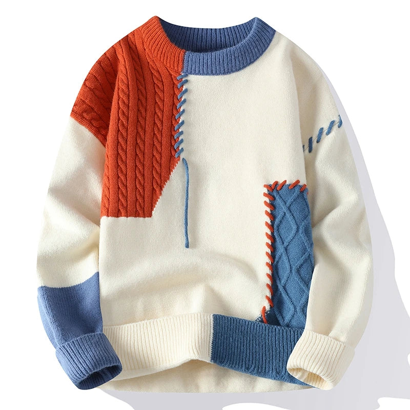 Hollis Patchwork Cable Knit Jumper in Orange Patchwork