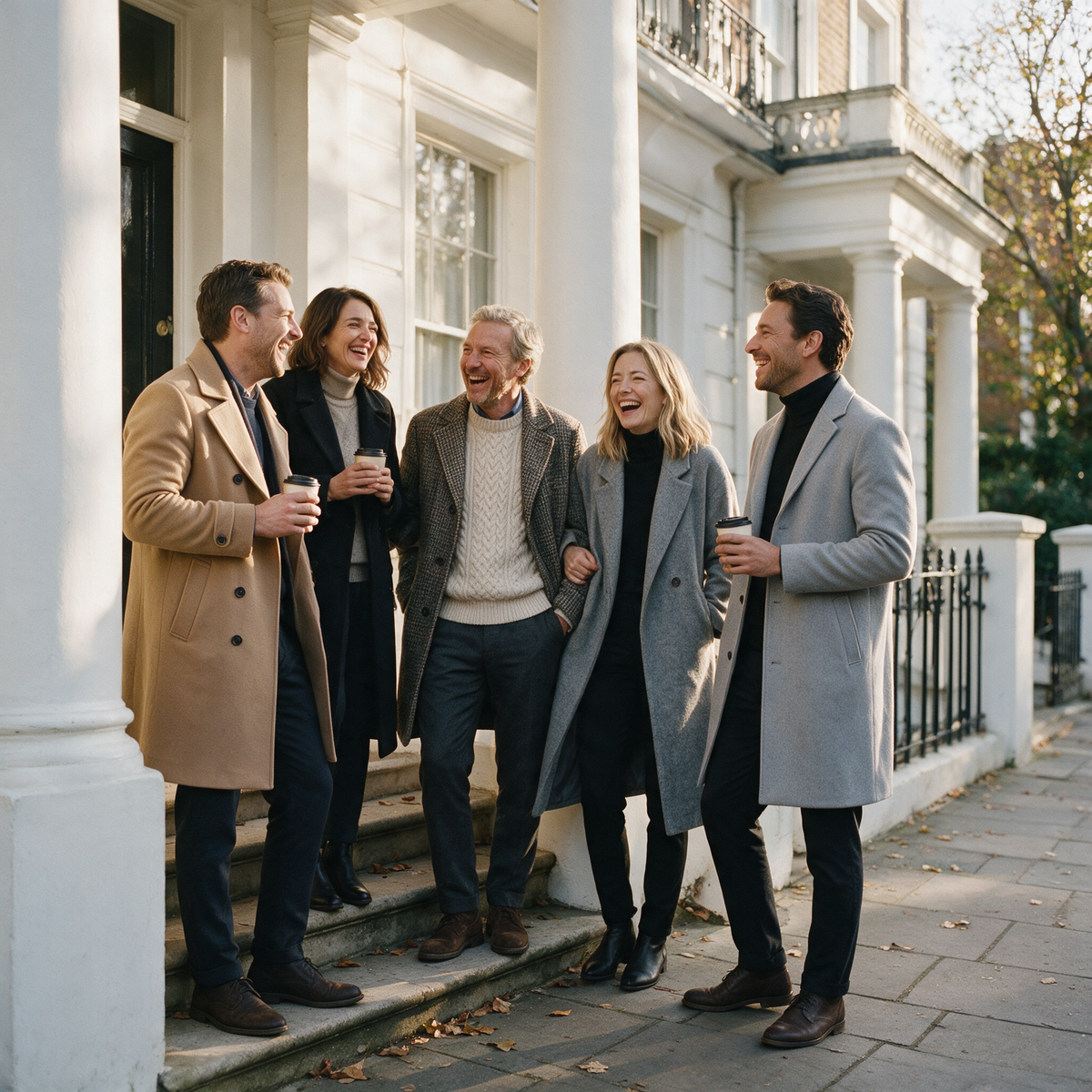 Friends in Mance autumn layers on a London townhouse step