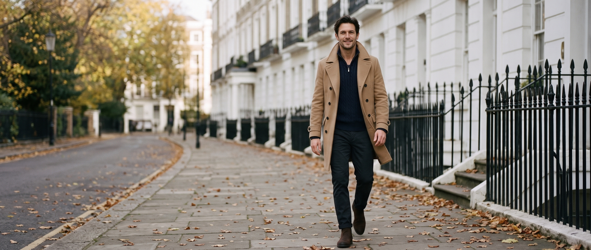 Man walking on a London street in a Mance Wear camel overcoat