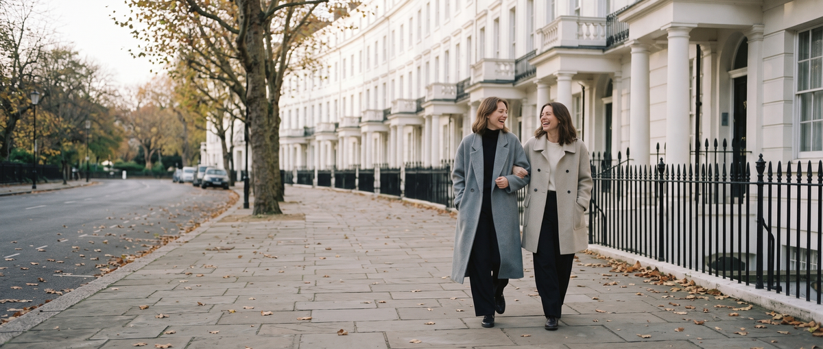 Two women walking on a London street in Mance Wear coats
