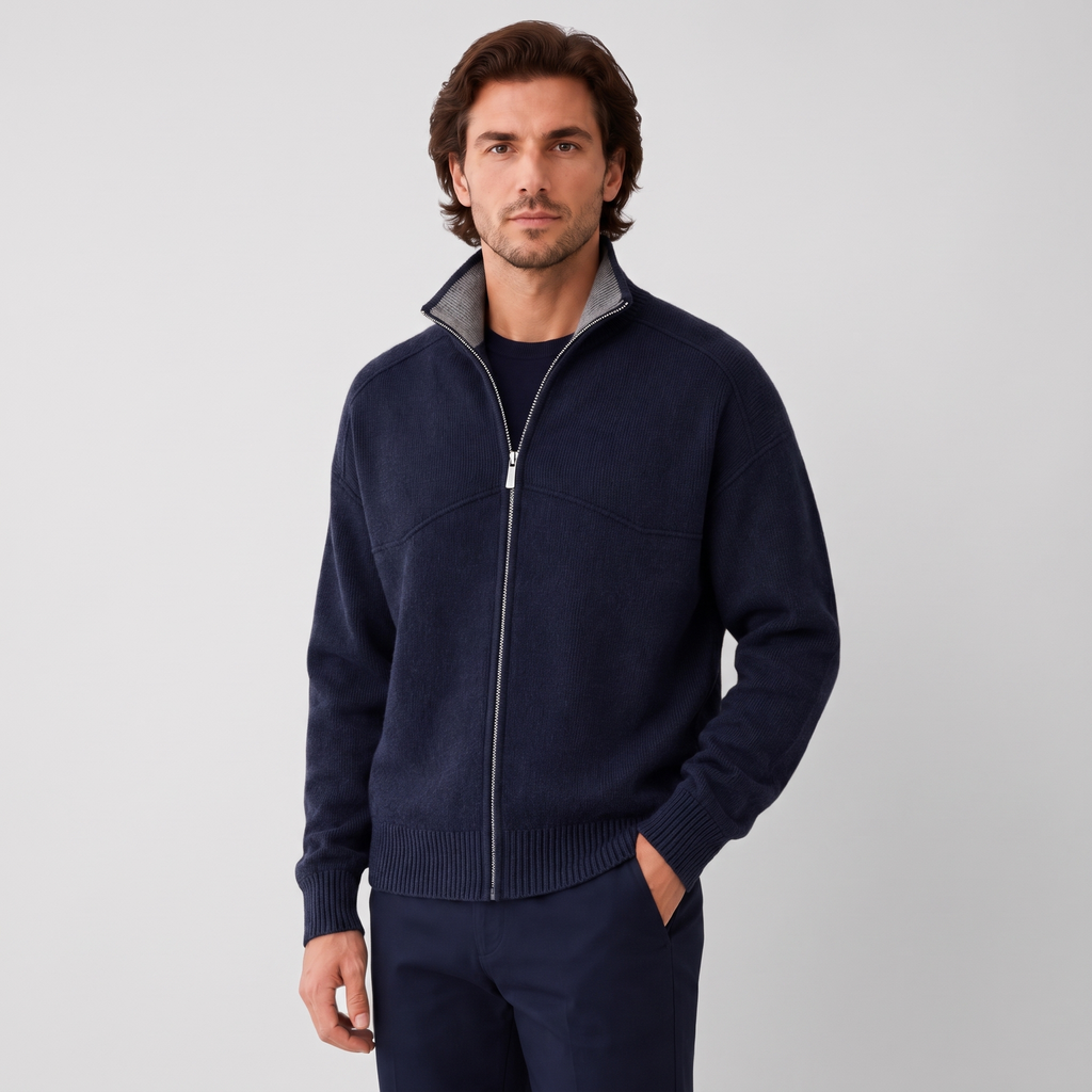 Jack Full Zip Knit Cardigan in Navy on model