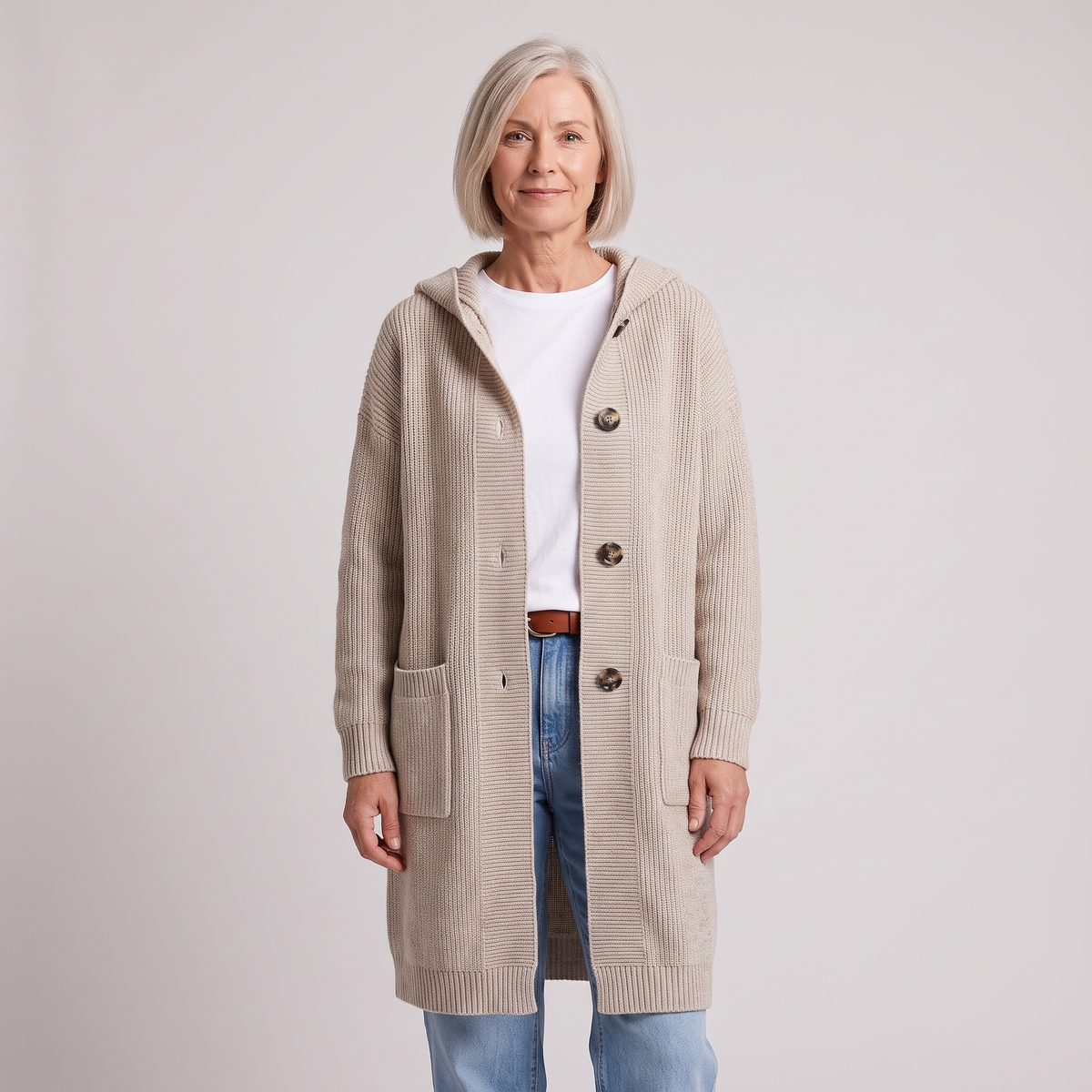 Josephine Comfortable Cardigan in Beige on model