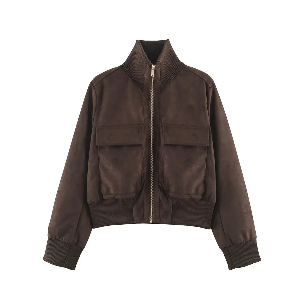 Juniper Suede Effect Cropped Jacket in Chocolate