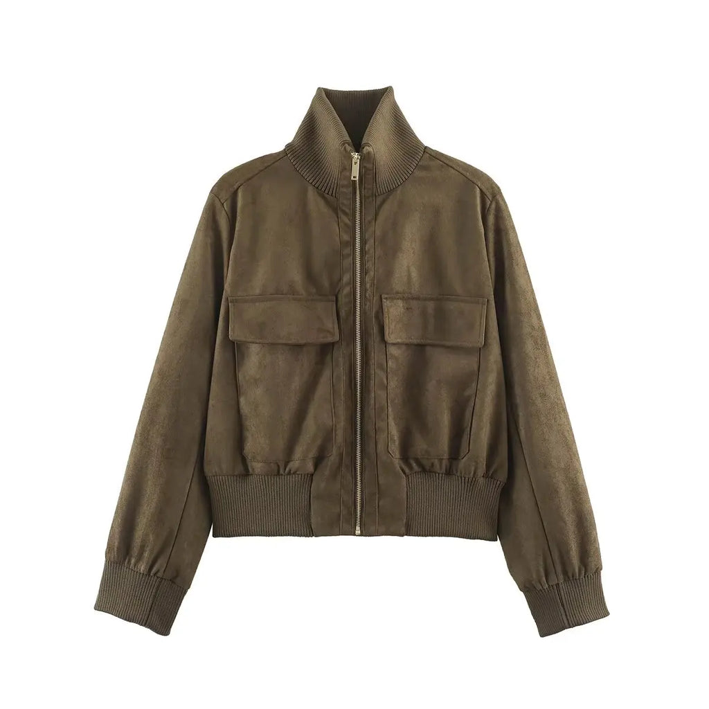 Juniper Suede Effect Cropped Jacket in Olive