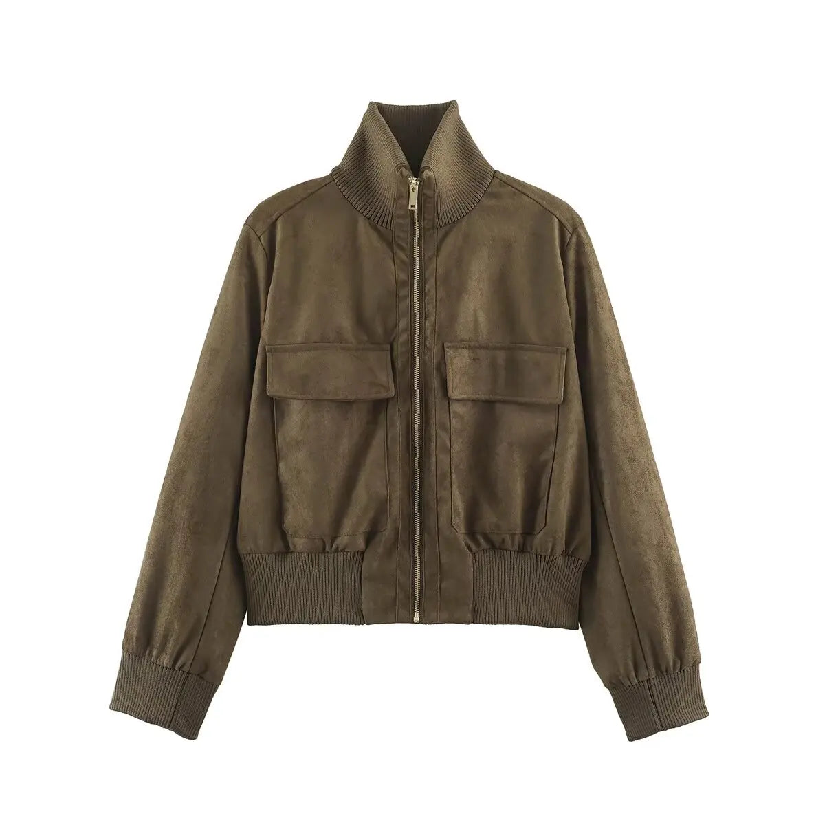 Juniper Suede Effect Cropped Jacket in Olive