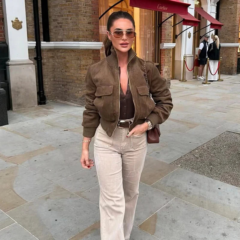 Juniper Suede Effect Cropped Jacket in Tan