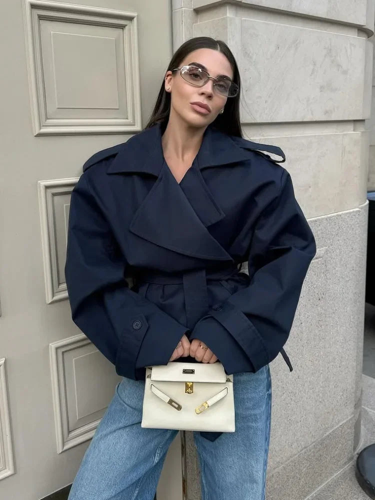 Lavinia Belted Short Trench Jacket in Navy