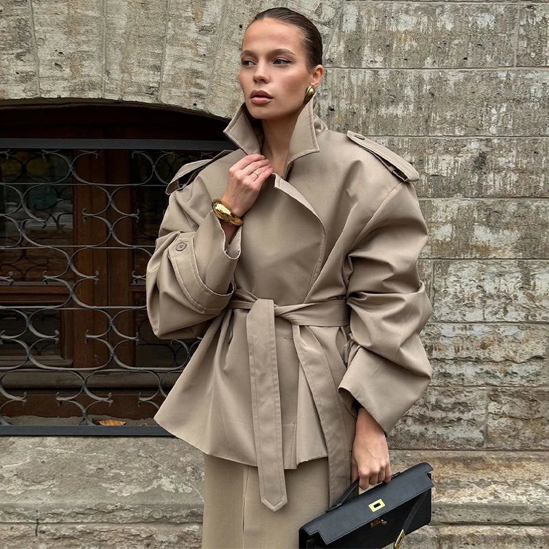 Lavinia Belted Short Trench Jacket in Stone