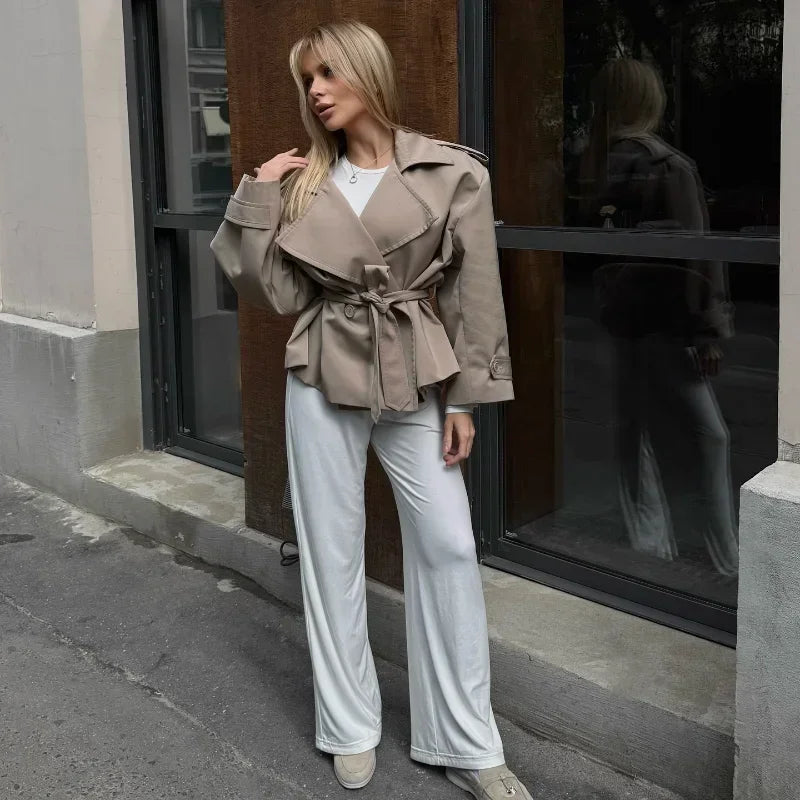 Lavinia Belted Short Trench Jacket in Stone
