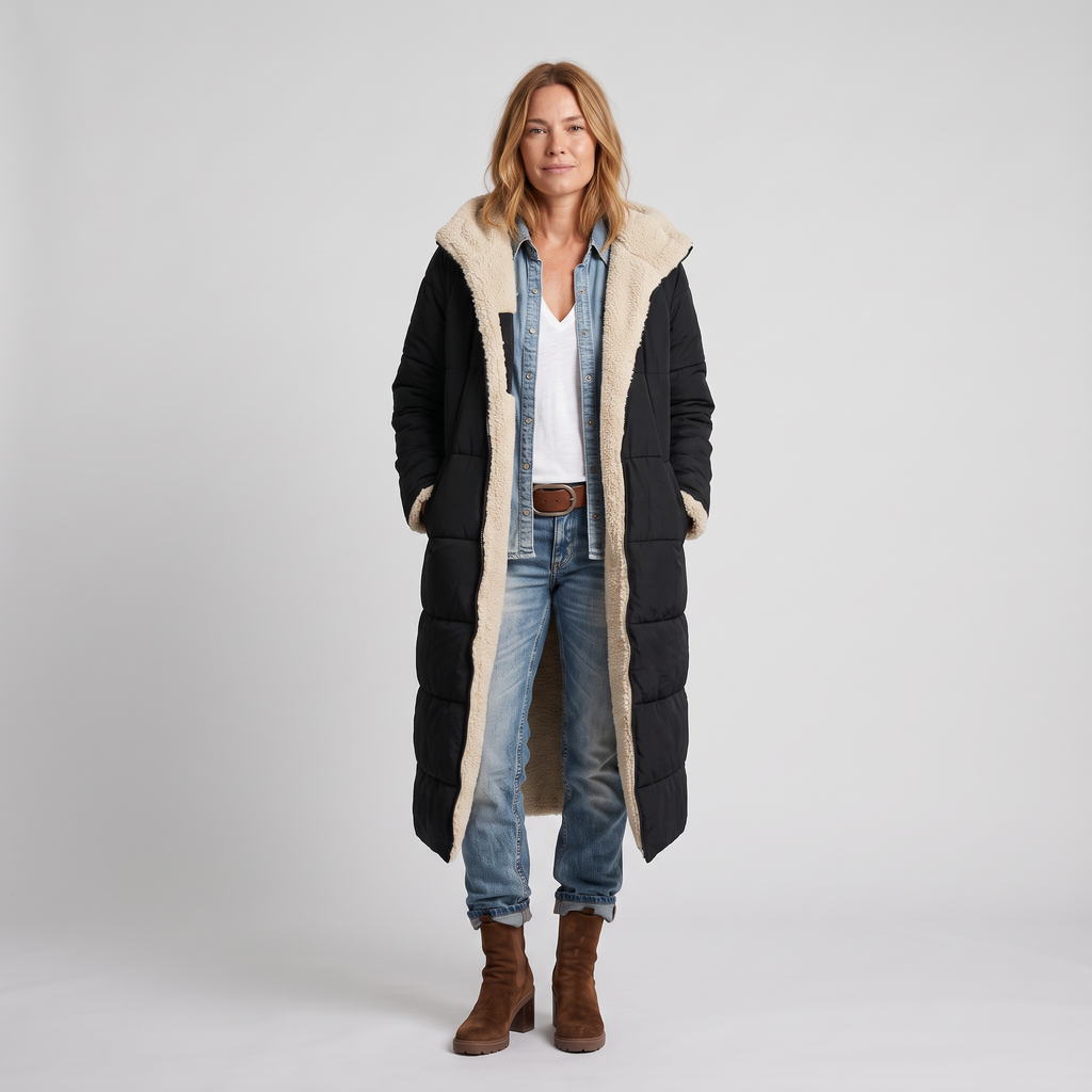 Lianne Reversible Sherpa Coat in Black on model