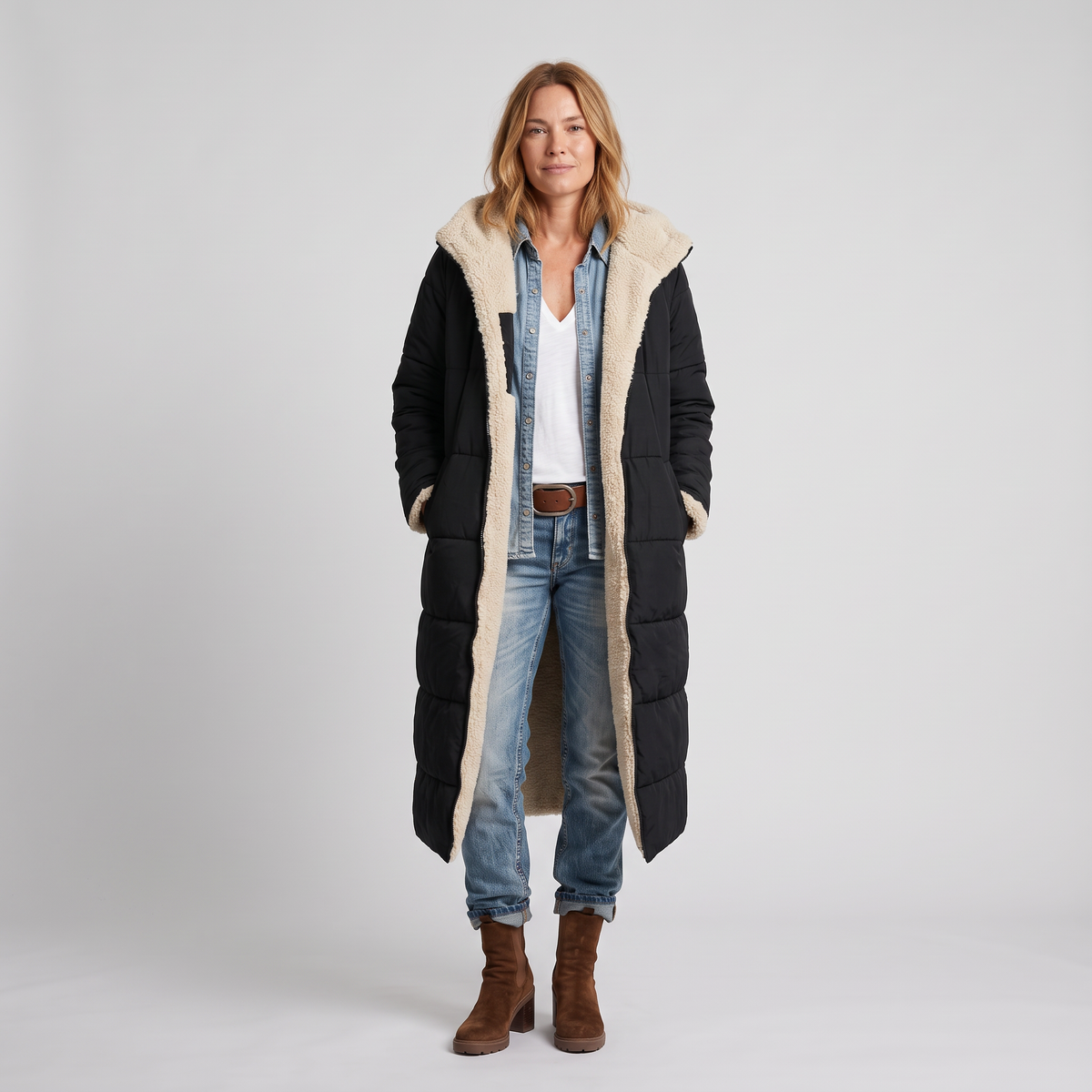 Lianne Reversible Sherpa Coat in Black on model