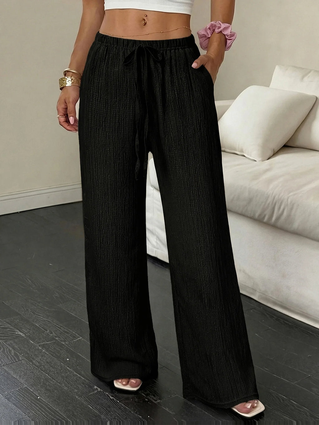 Maren Drawstring Wide Leg Trousers in Black
