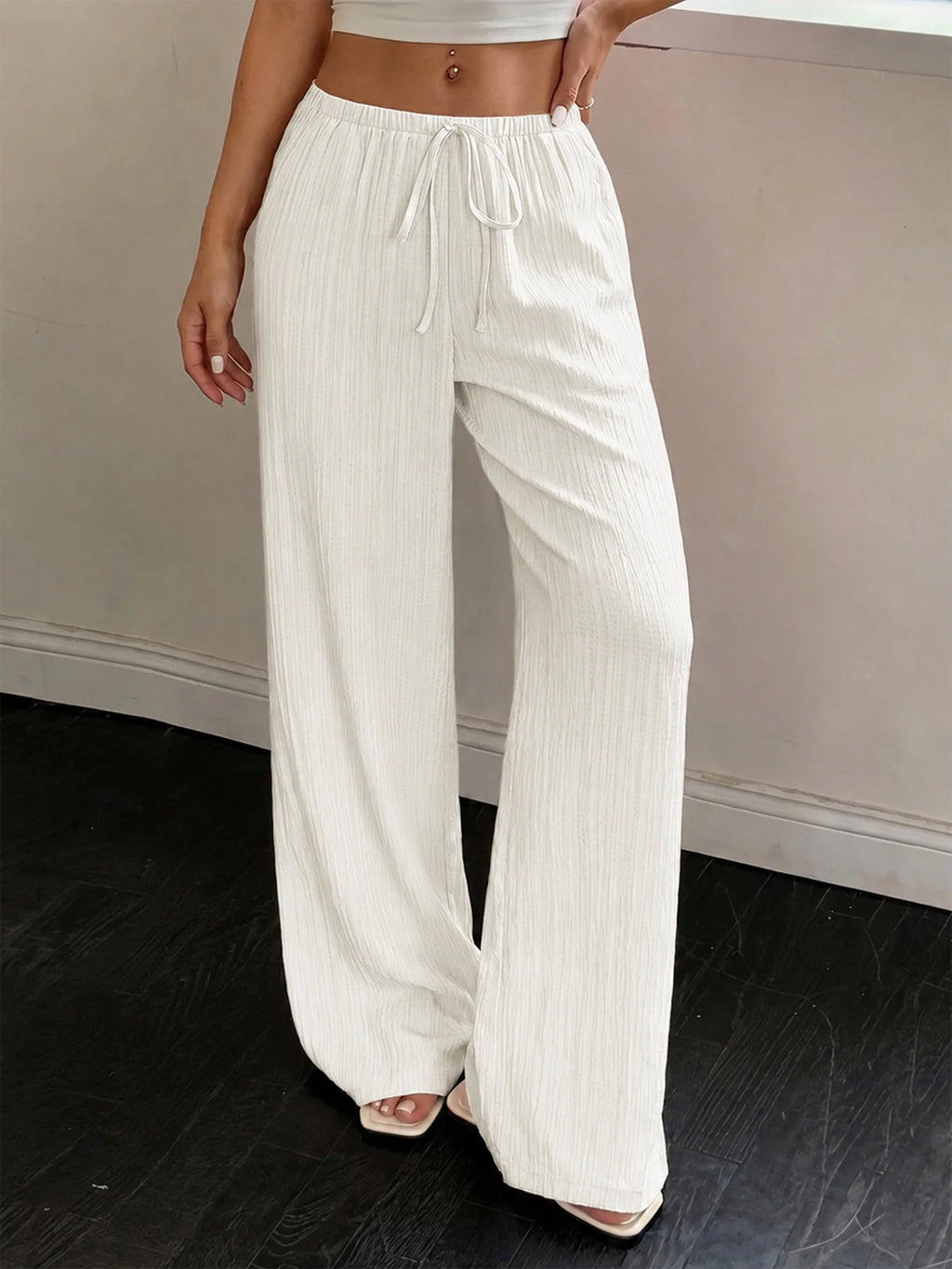 Maren Drawstring Wide Leg Trousers in Ivory