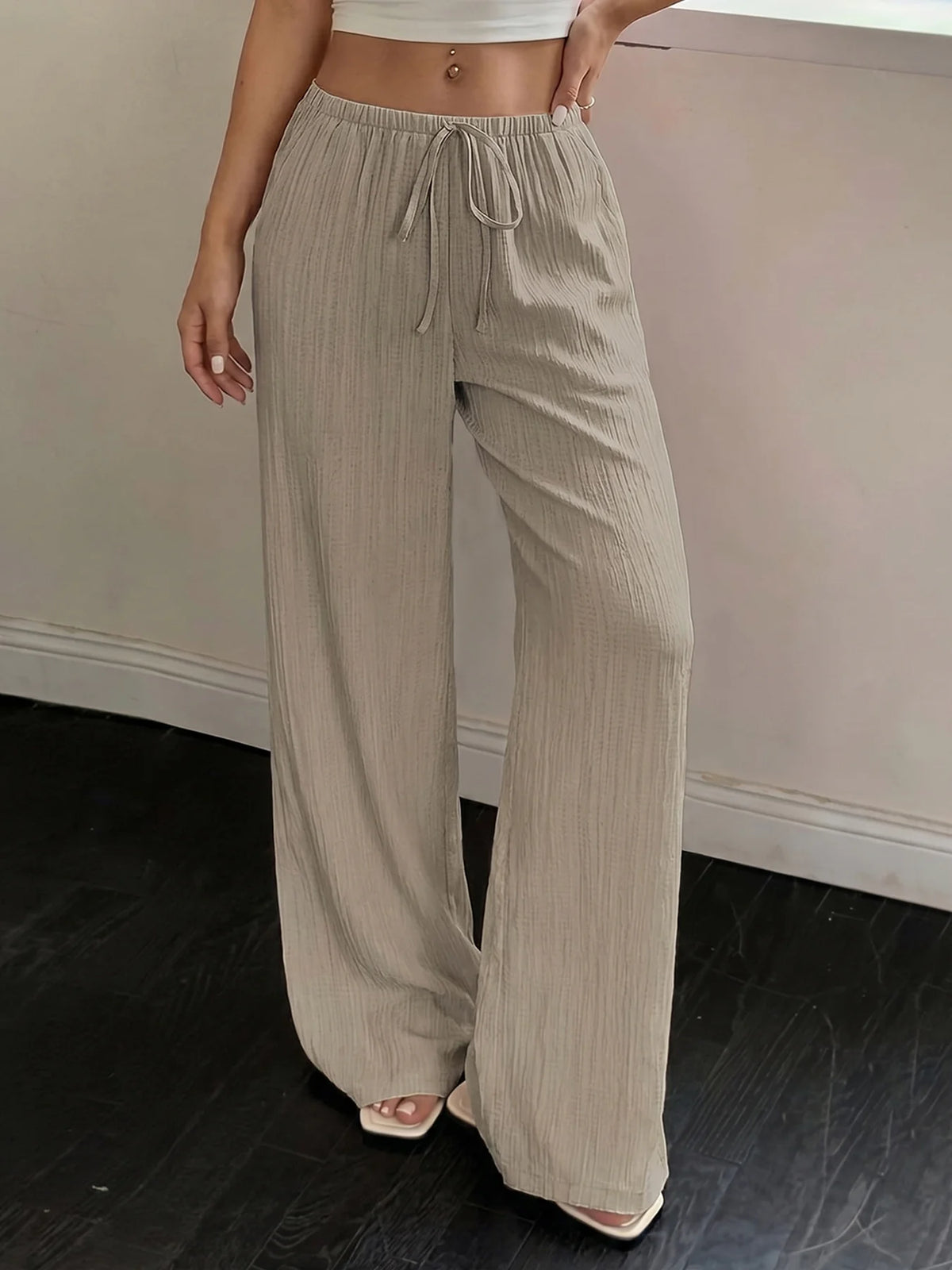 Maren Drawstring Wide Leg Trousers in Khaki