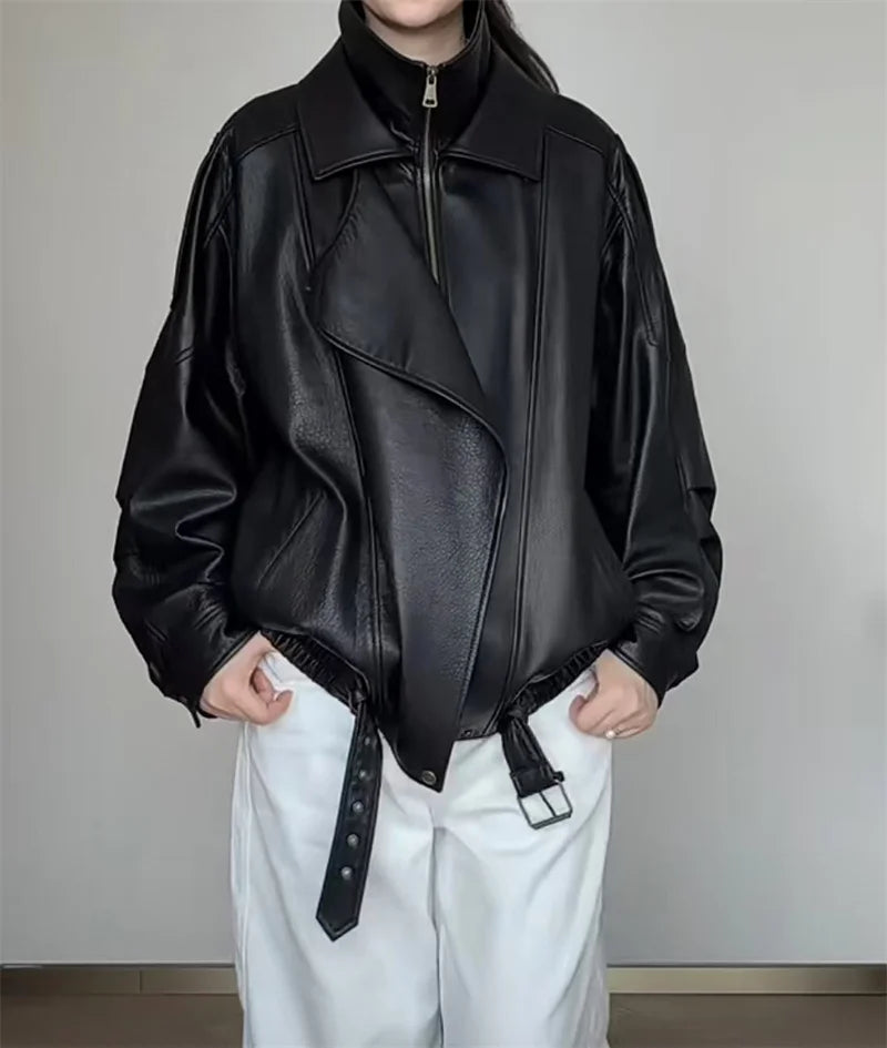 Margot Funnel Neck Faux Leather Jacket in Black