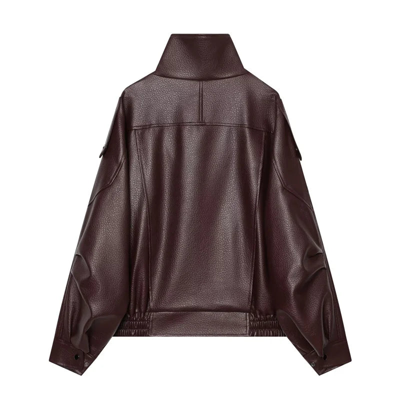 Margot Funnel Neck Faux Leather Jacket in Burgundy